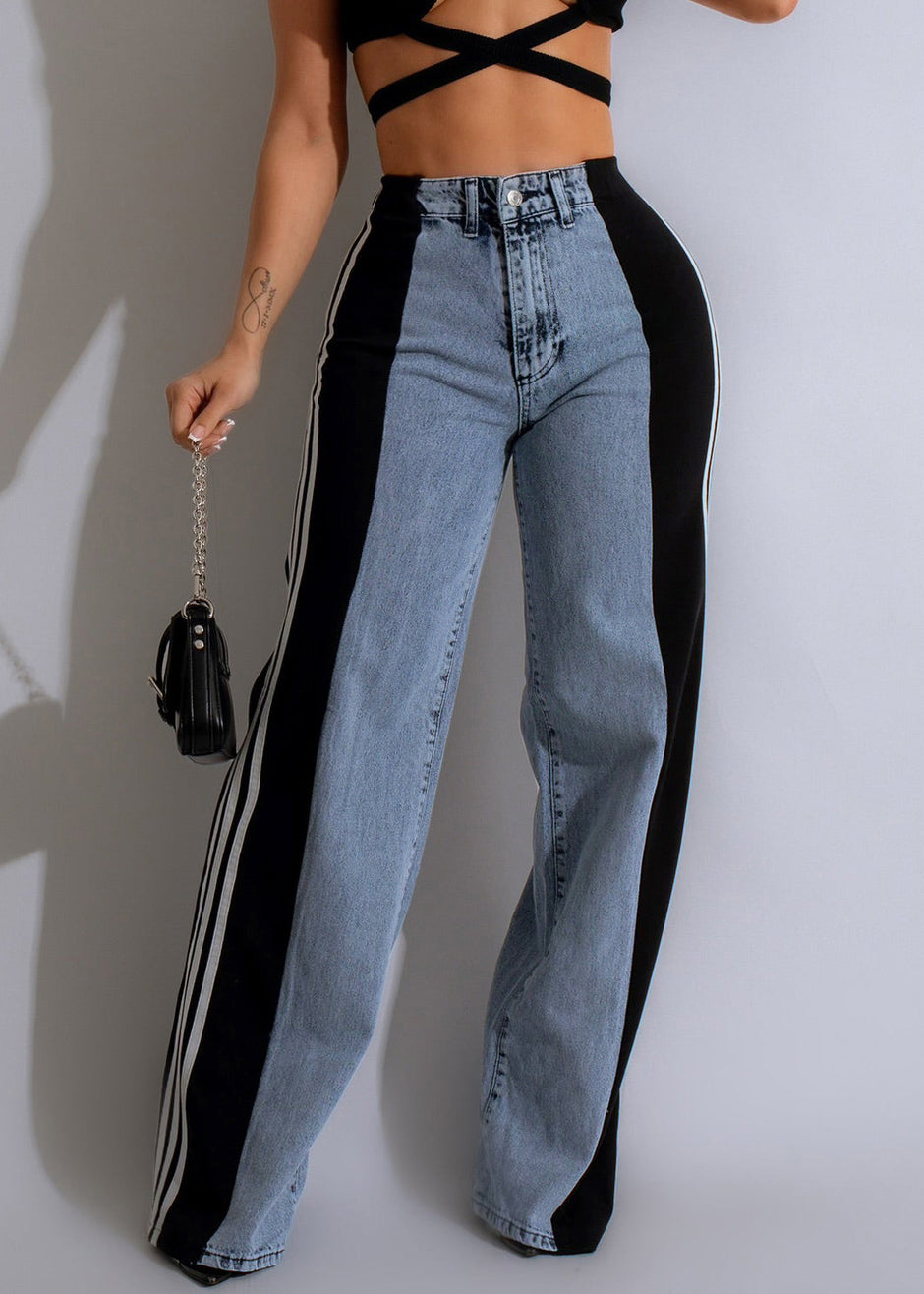Spring Denim Stylish Pants Striped Black Patchwork