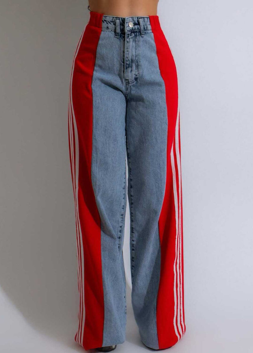 Spring Denim Stylish Pants Striped Black Patchwork