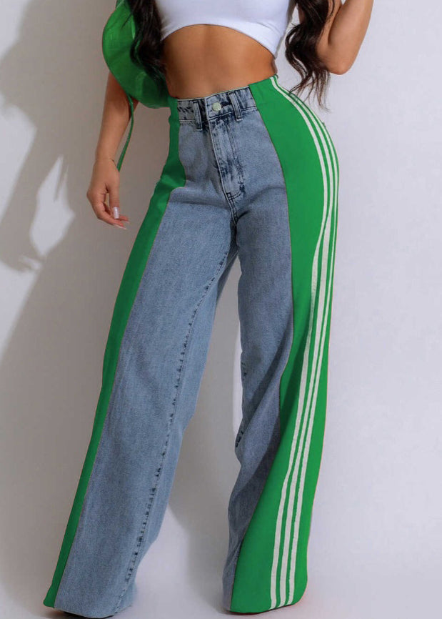 Spring Denim Stylish Pants Striped Black Patchwork