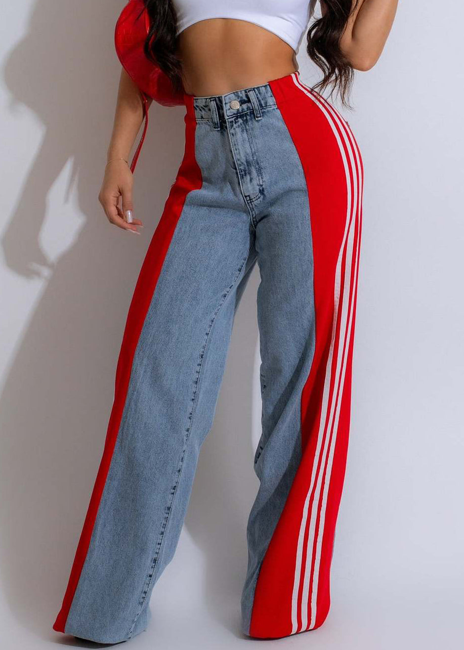 Spring Denim Stylish Pants Striped Black Patchwork