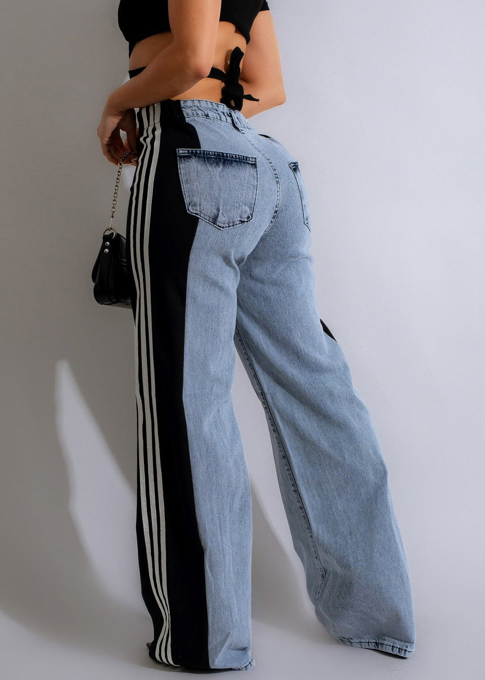 Spring Denim Stylish Pants Striped Black Patchwork