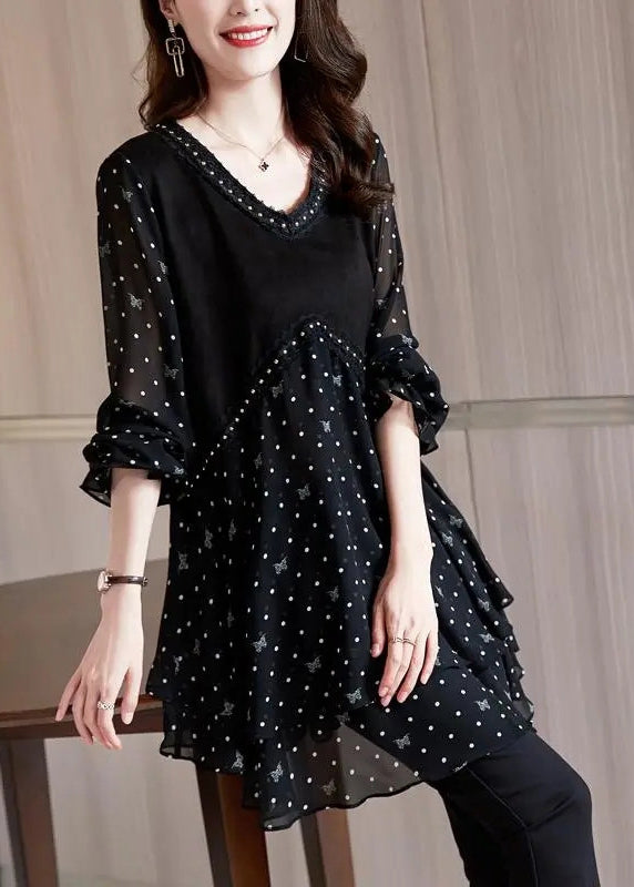 Neck V Print Stylish Shirt Black Chiffon Patchwork Dot Flare