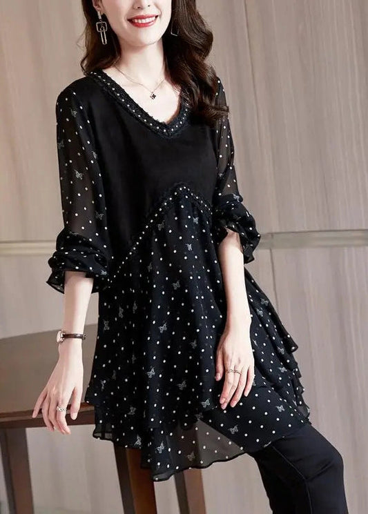 Neck V Print Stylish Shirt Black Chiffon Patchwork Dot Flare