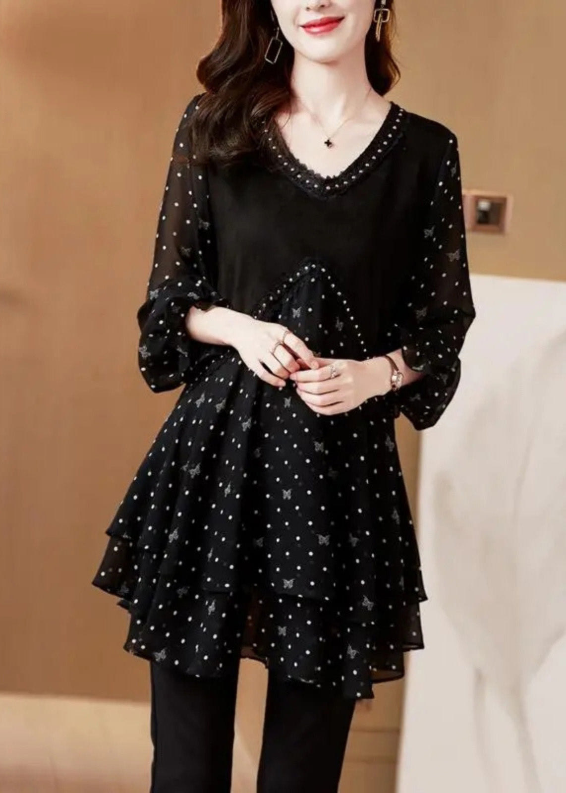 Neck V Print Stylish Shirt Black Chiffon Patchwork Dot Flare