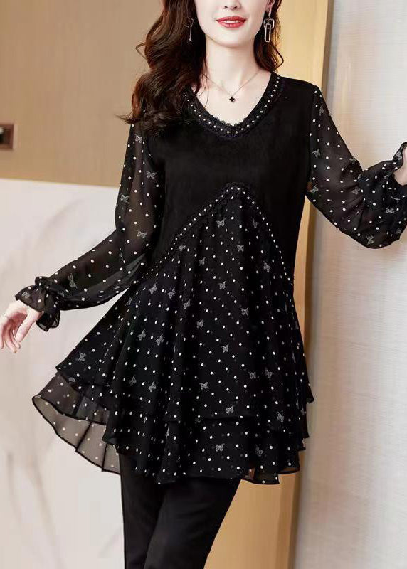 Neck V Print Stylish Shirt Black Chiffon Patchwork Dot Flare