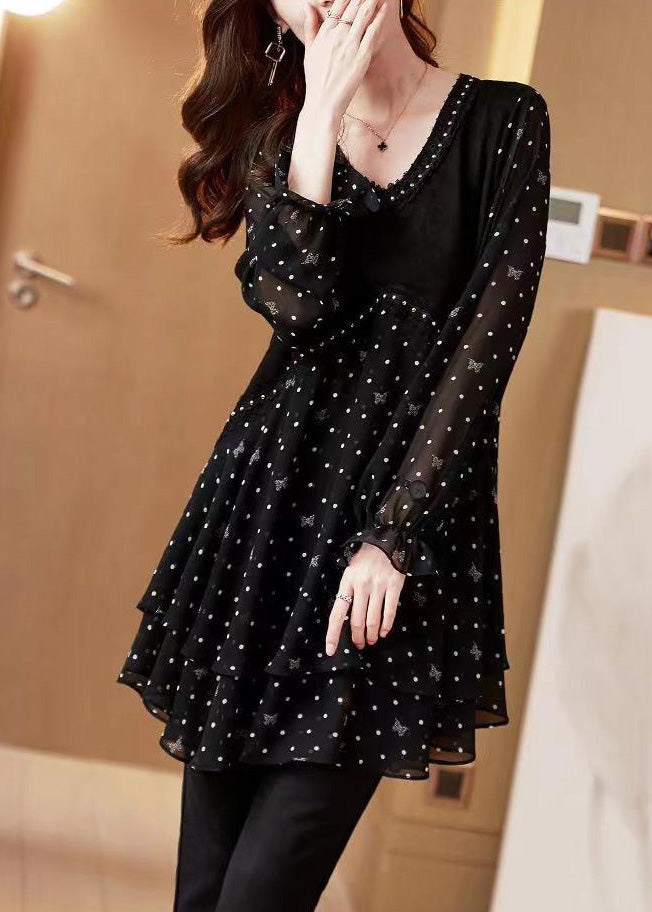 Neck V Print Stylish Shirt Black Chiffon Patchwork Dot Flare