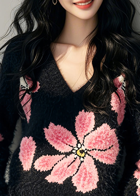 Stylish Black V Neck Floral Ma Hai Mao Knit Sweater Spring TN034