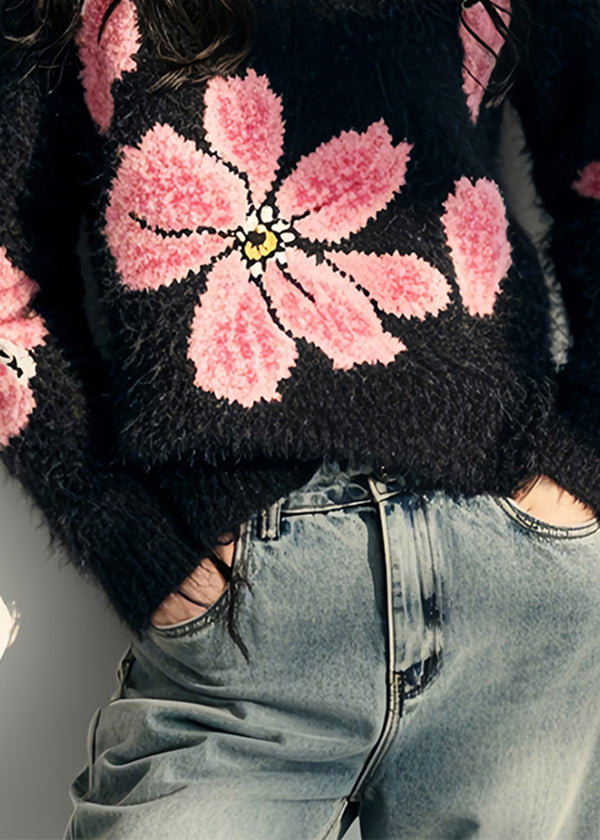 Stylish Black V Neck Floral Ma Hai Mao Knit Sweater Spring TN034