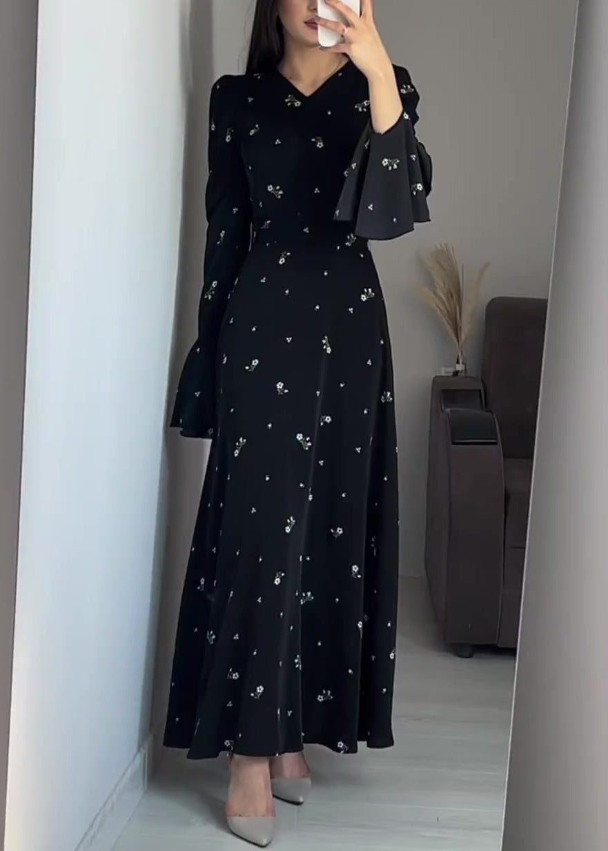 Stylish Black V Neck Print Cotton Maxi Dresses Butterfly Sleeve QL010