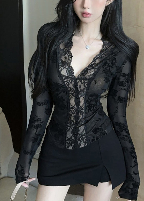 Stylish Black V Neck Sheer Lace Tops Spring YP017