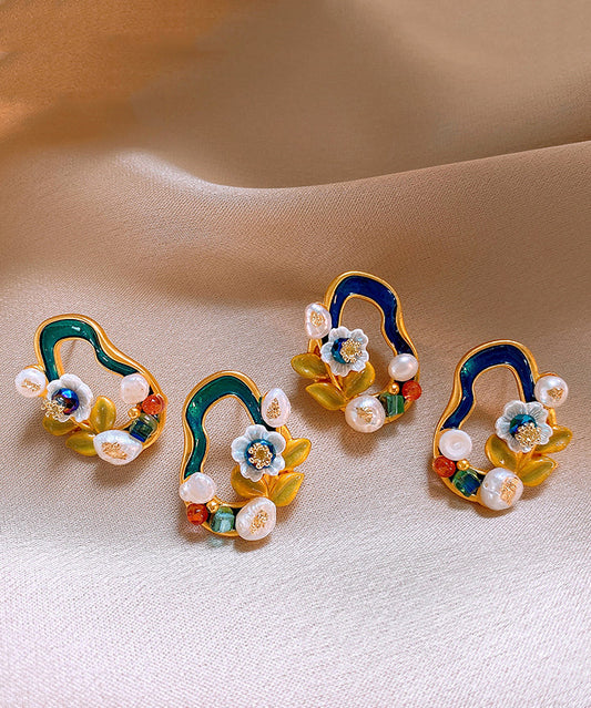 Floral Pearl Blackish Stylish Stud Earrings Overgild Copper Green