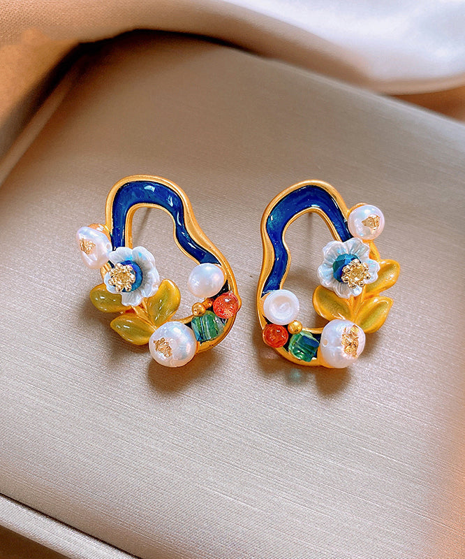 Floral Pearl Blackish Stylish Stud Earrings Overgild Copper Green