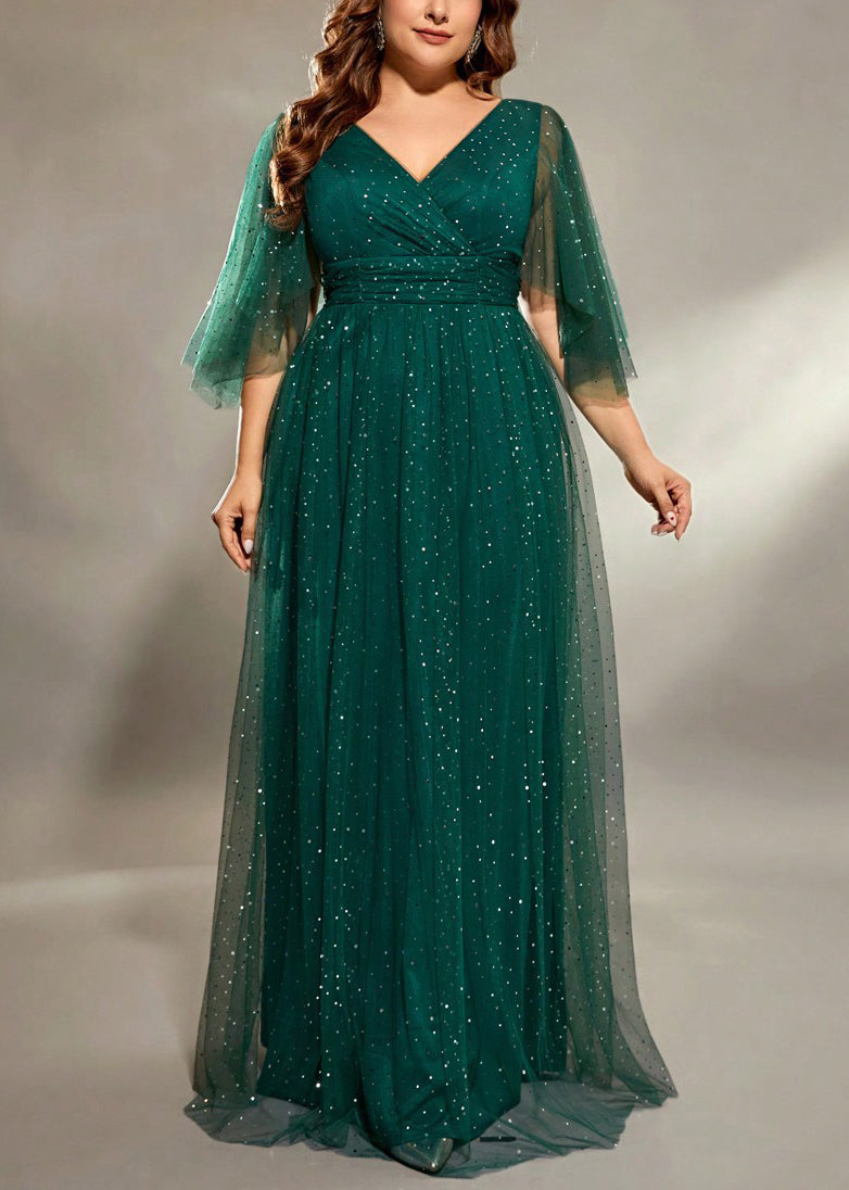 Green Tulle Sequins V Long Blackish Neck Half Dresses Stylish
