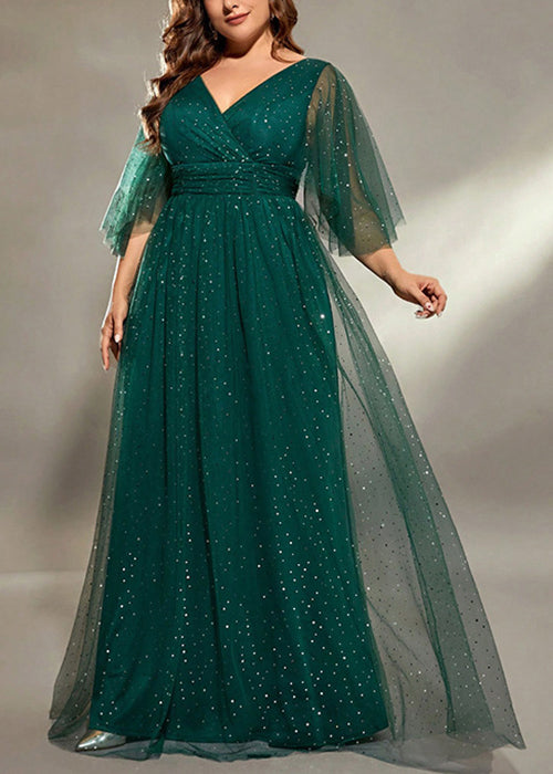Green Tulle Sequins V Long Blackish Neck Half Dresses Stylish