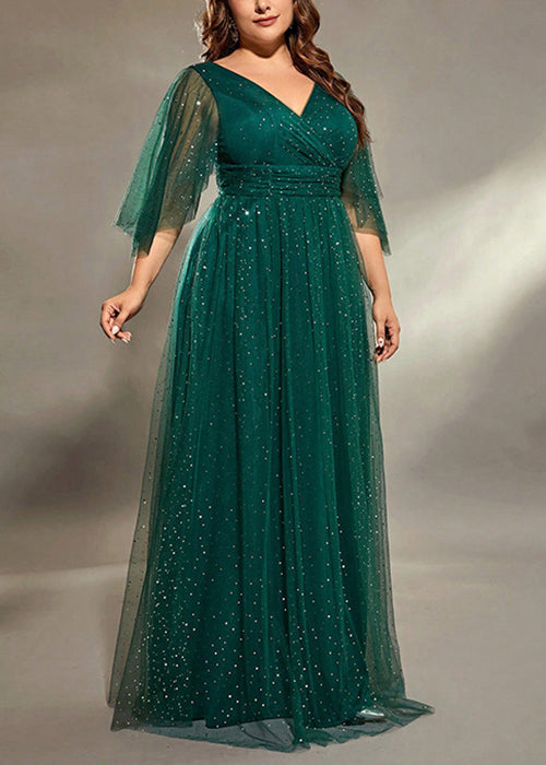Green Tulle Sequins V Long Blackish Neck Half Dresses Stylish