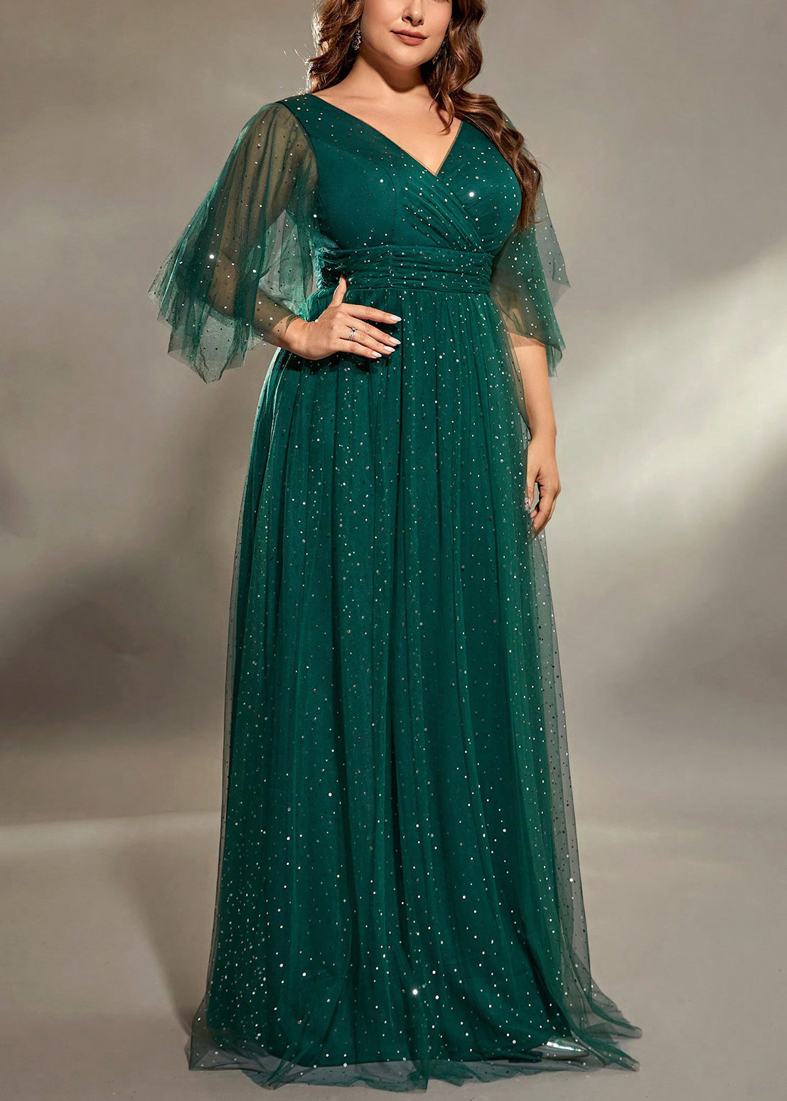 Green Tulle Sequins V Long Blackish Neck Half Dresses Stylish