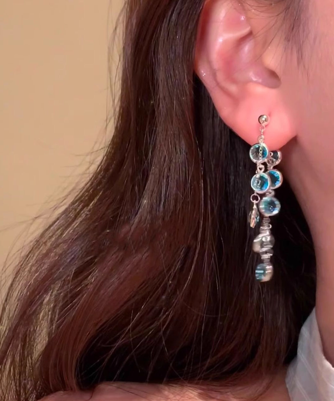 Earrings Alloy Tassel Stylish Blue Drop Crystal