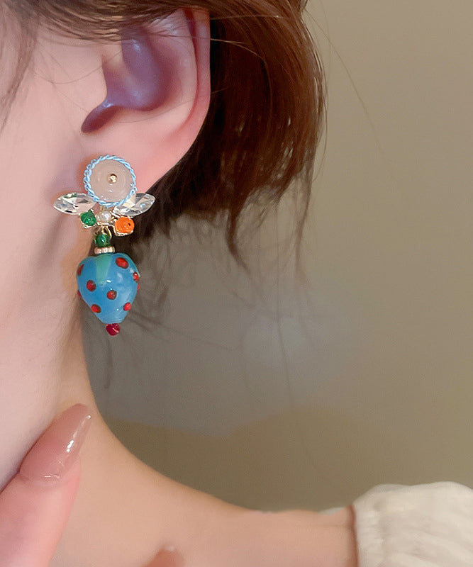Coloured Zircon Drop Blue Earrings Glaze Strawberry Stylish Alloy