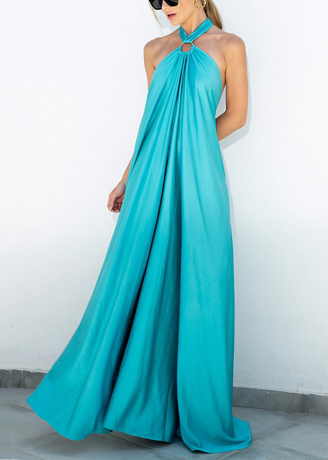 Backless Sleeveless Blue Cotton Stylish Lace Maxi Dresses Up