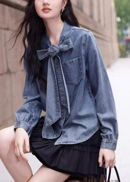 Denim Button Spring Stylish Bow Blue Pockets Shirt