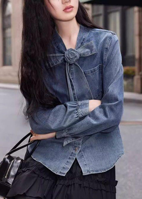 Denim Button Spring Stylish Bow Blue Pockets Shirt
