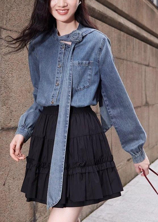 Denim Button Spring Stylish Bow Blue Pockets Shirt
