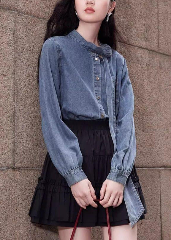 Denim Button Spring Stylish Bow Blue Pockets Shirt