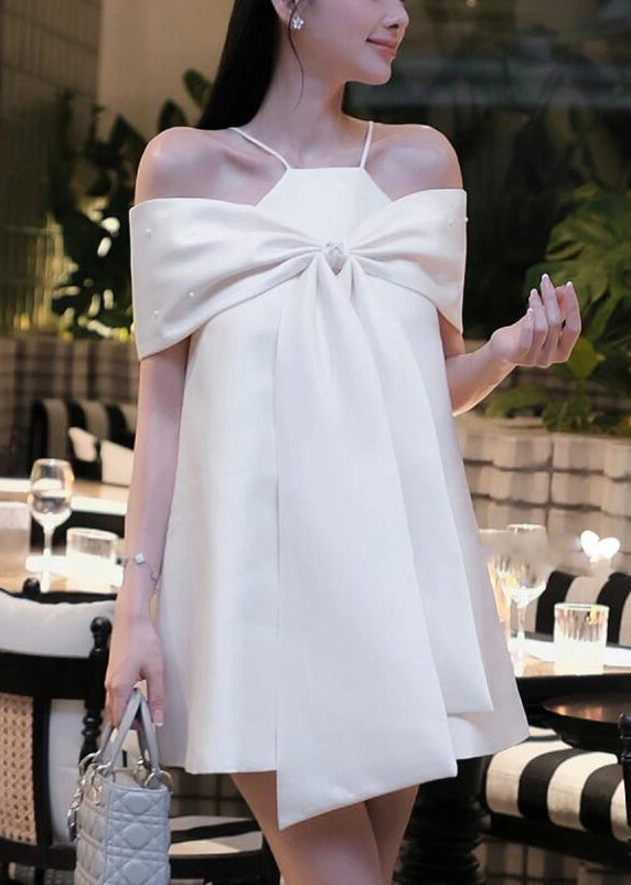 Dress Stylish Cold Summer Strap Spaghetti Shoulder Blue Bow