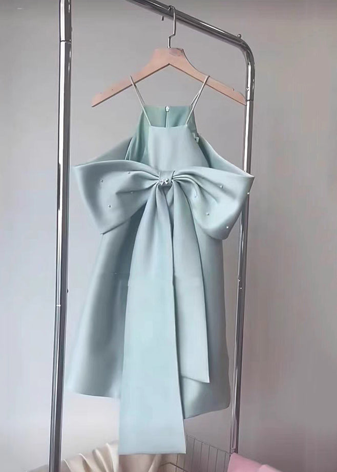 Dress Stylish Cold Summer Strap Spaghetti Shoulder Blue Bow
