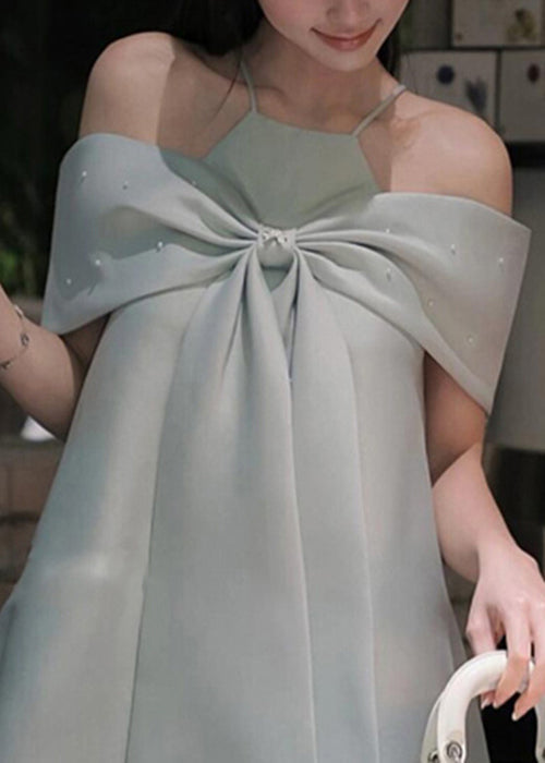 Dress Stylish Cold Summer Strap Spaghetti Shoulder Blue Bow