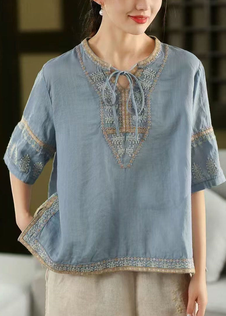 Blue Top Half Stylish Sleeve Linen Open Embroidered Side