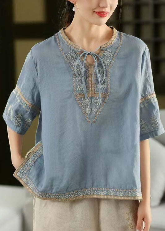 Blue Top Half Stylish Sleeve Linen Open Embroidered Side