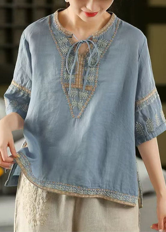 Blue Top Half Stylish Sleeve Linen Open Embroidered Side