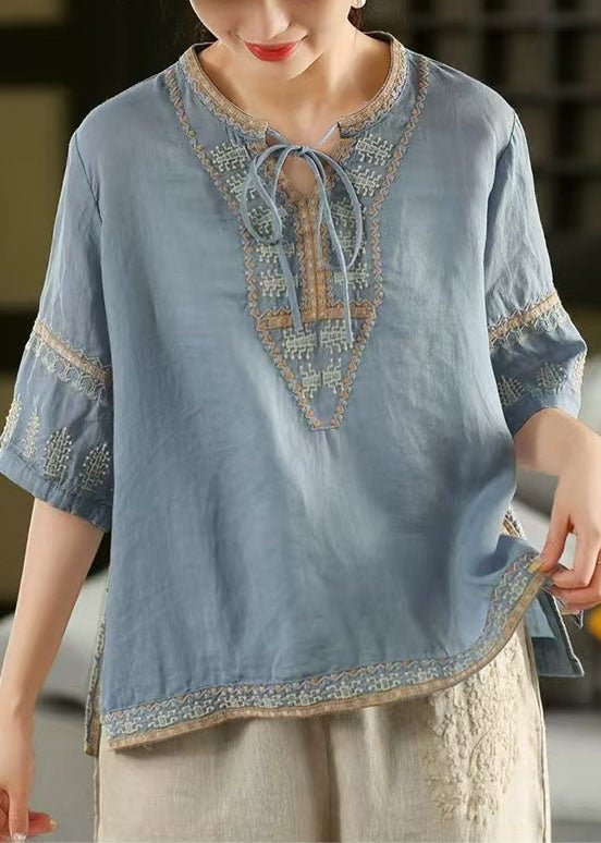 Blue Top Half Stylish Sleeve Linen Open Embroidered Side
