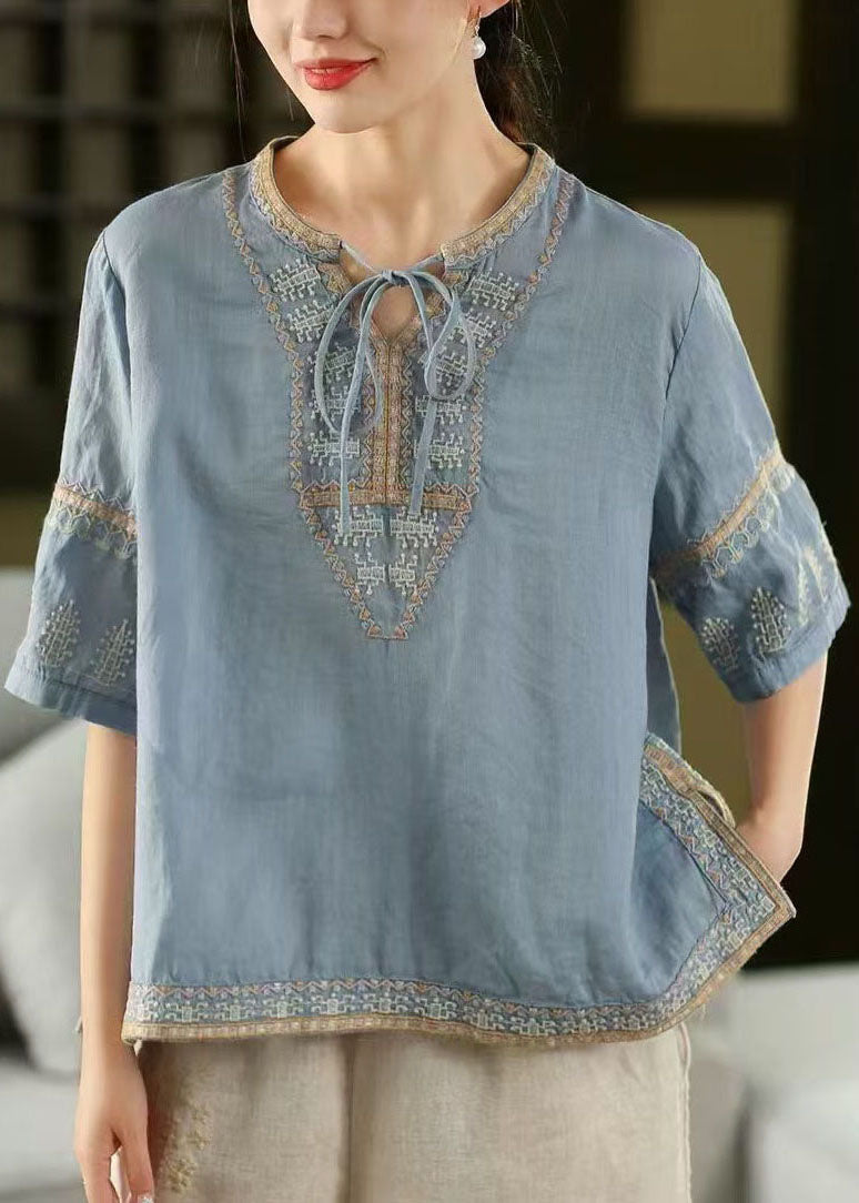Blue Top Half Stylish Sleeve Linen Open Embroidered Side