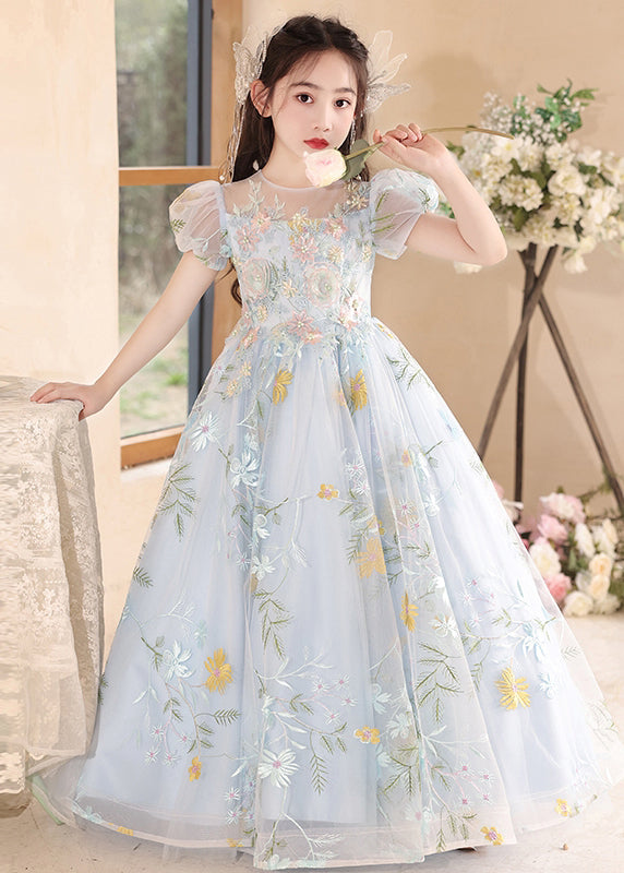 Stylish Blue Embroideried Patchwork Tulle Girls Maxi Dress Summer QV025