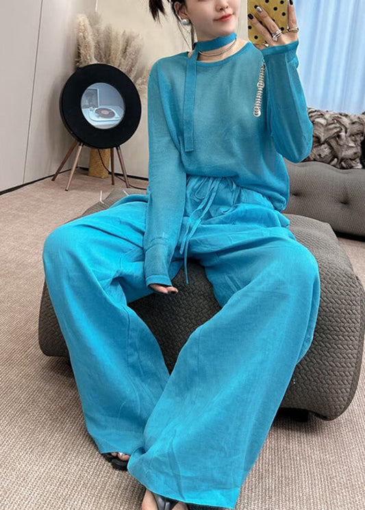 Wide Toop O-Neck And Stylish Pants Two Knit Fall Piece Blue Leg Set