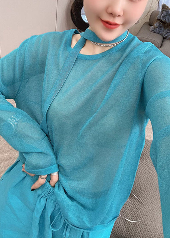 Wide Toop O-Neck And Stylish Pants Two Knit Fall Piece Blue Leg Set