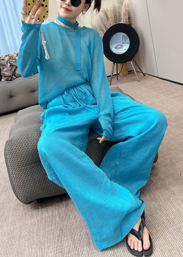 Wide Toop O-Neck And Stylish Pants Two Knit Fall Piece Blue Leg Set