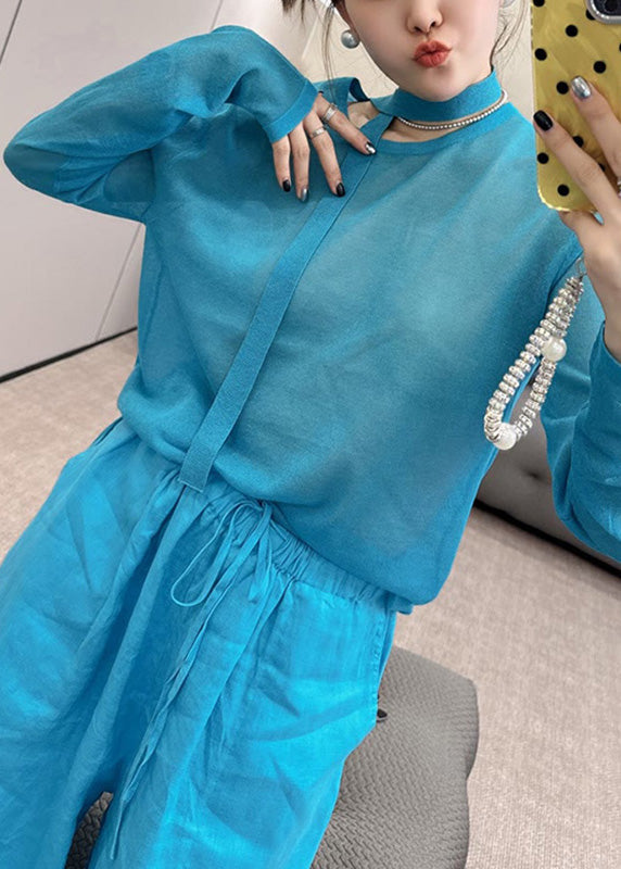 Wide Toop O-Neck And Stylish Pants Two Knit Fall Piece Blue Leg Set