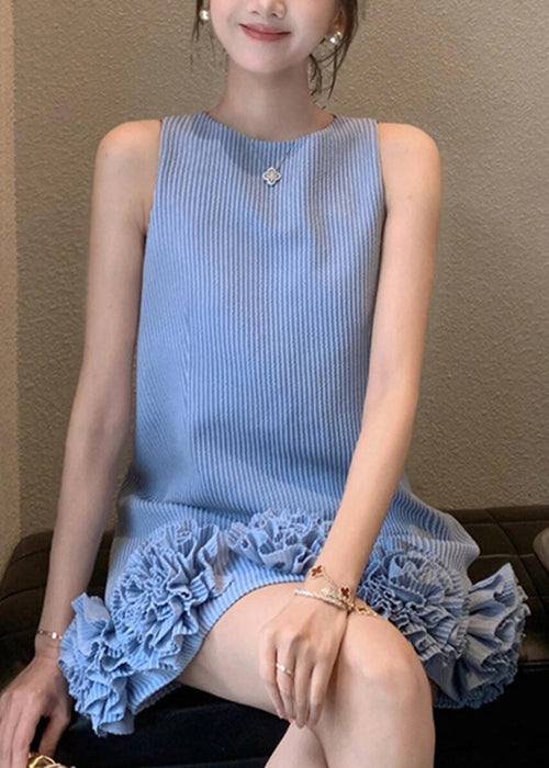 O Cotton Dresses Striped Neck Blue Mini Floral Stylish Sleeveless