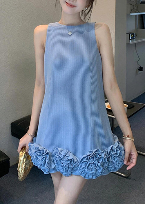 O Cotton Dresses Striped Neck Blue Mini Floral Stylish Sleeveless