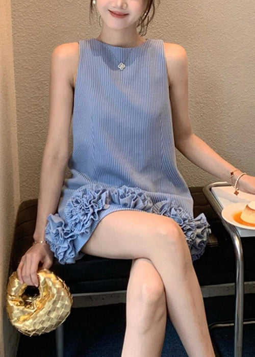 O Cotton Dresses Striped Neck Blue Mini Floral Stylish Sleeveless