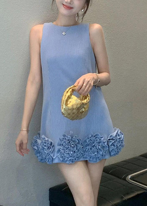 O Cotton Dresses Striped Neck Blue Mini Floral Stylish Sleeveless