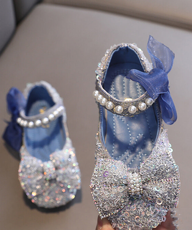 Stylish Blue Strap Pearl Buckle Bow For Flat Shoes Kids