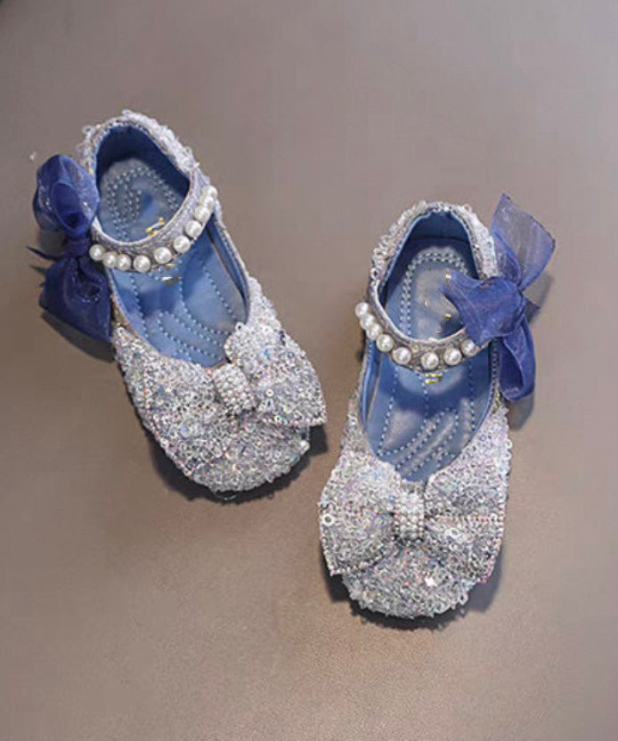 Stylish Blue Strap Pearl Buckle Bow For Flat Shoes Kids