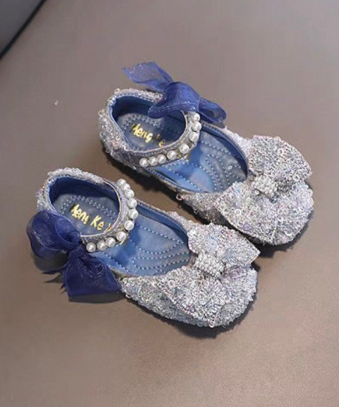 Stylish Blue Strap Pearl Buckle Bow For Flat Shoes Kids