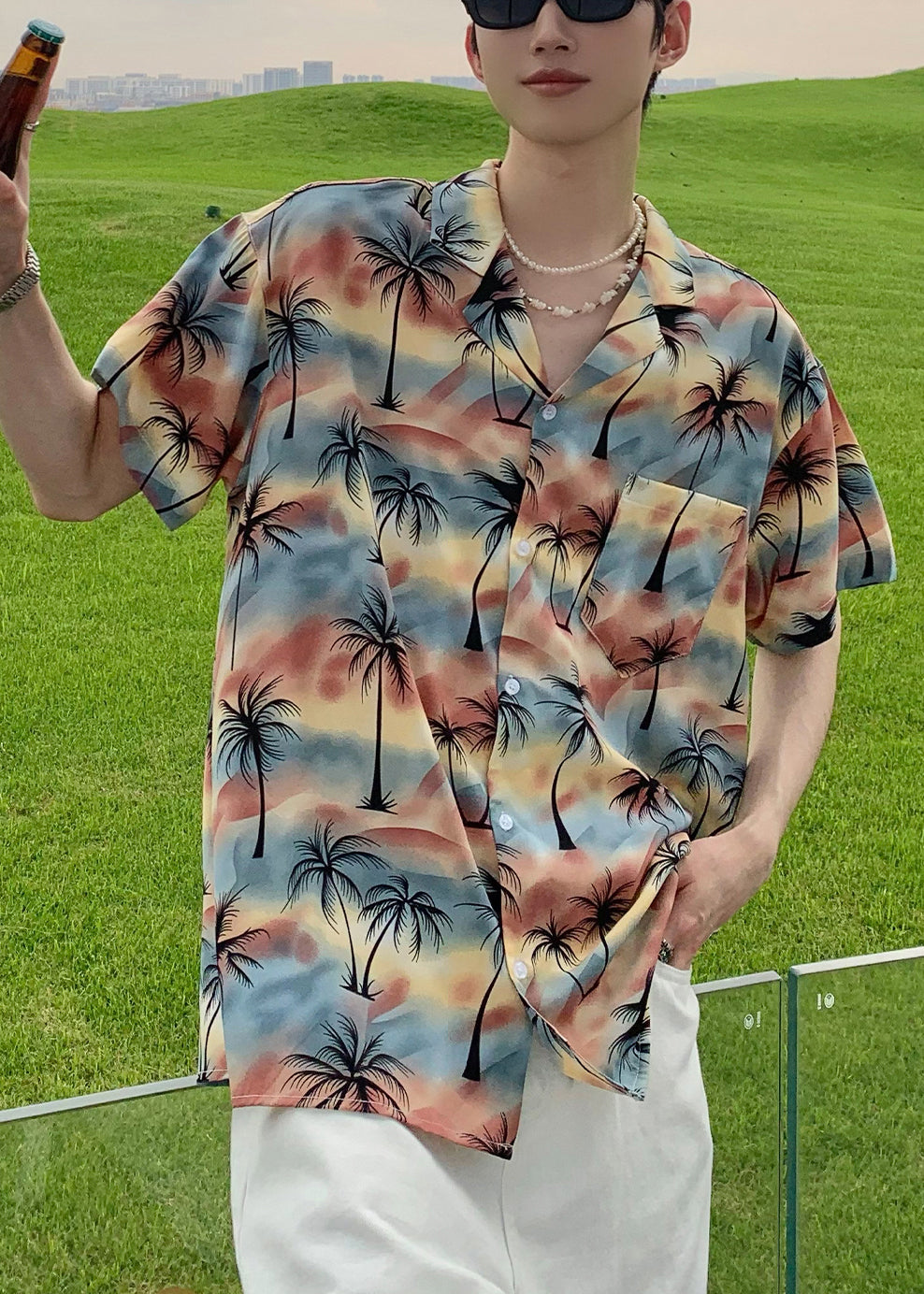 Print Cotton Stylish Collar Pan Shirts Blue Peter Button Men