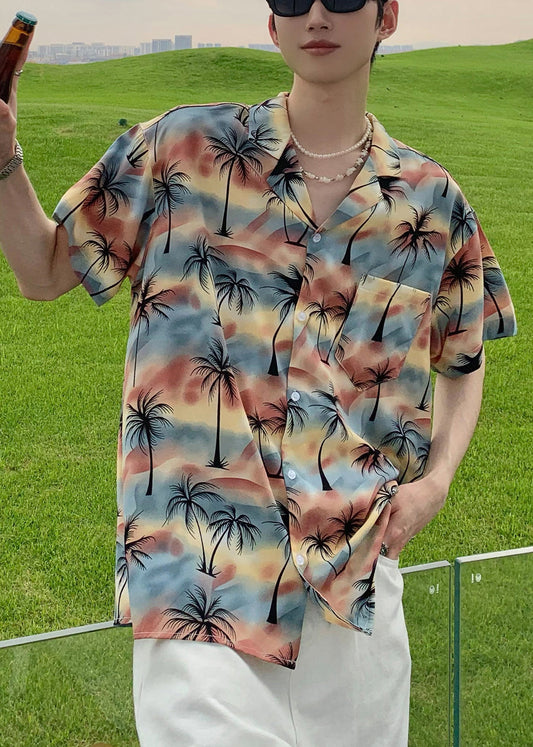 Print Cotton Stylish Collar Pan Shirts Blue Peter Button Men