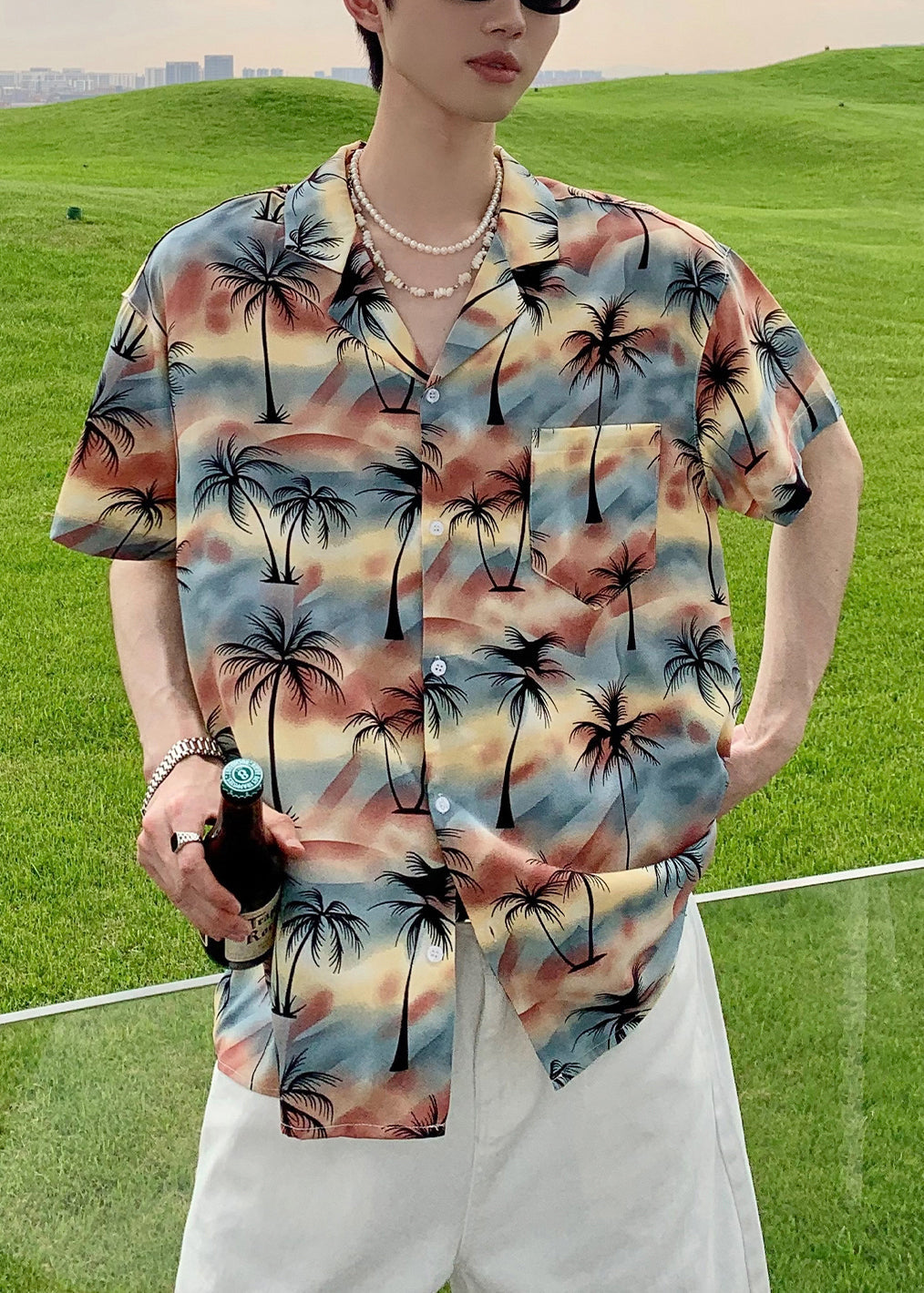 Print Cotton Stylish Collar Pan Shirts Blue Peter Button Men